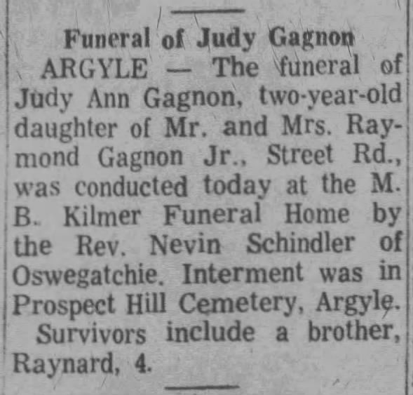 Judy Ann Gagnon - Funeral The Glens Falls Times (Glens Falls, NY) - 23 Dec 1969 ... pg 12
